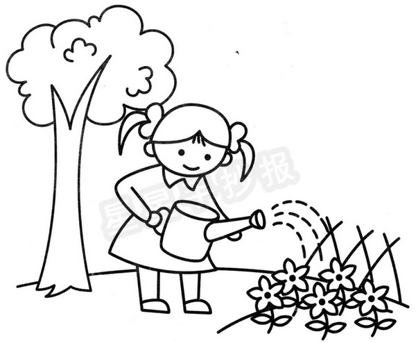 小女孩浇花简笔画