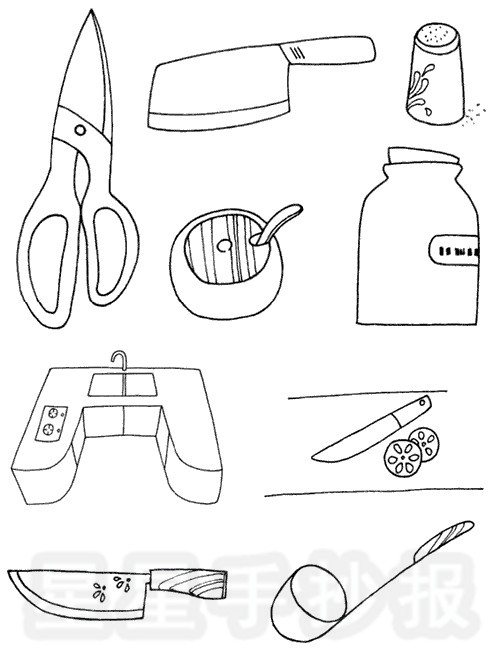 星星报 简笔画 日常用品简笔画 >> 正文内容 厨房里有许多的工具和小