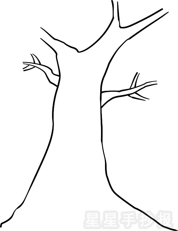 第二步,在大树左右两边画出延伸出去的树枝,就像大树的双手一样