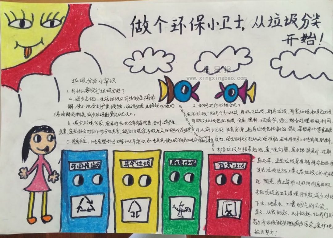 垃圾分类的意义手抄报内容: 垃圾分类是对垃圾收集处置传统方式的改革,是对垃圾进行有效处置的一种科学管理方法。人们面对日益增长的垃圾产量和环境状况恶化的局面,如何通过垃圾分类管理,最大限度地实现垃圾资源利用,减少垃 垃圾分 圾处置量,改善生存环境质量,是当前世界各国共同关注的迫切问题之一。 垃圾增多的原因是人们生活水平的提高、各项消费增加了。据统计,1979年全国城市垃圾的清运量是2500多万吨,1996年城市垃圾的清运费是1.