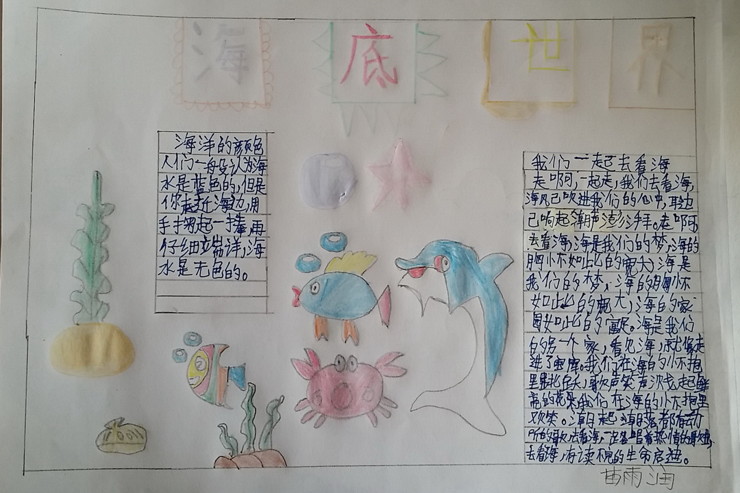 海底世界手抄报资料: 早听说海底是一个神秘、美丽的世界。今年的五一黄金周,我去了青岛的海底世界游览,有机会去探索了海底深处的秘密。真是名不虚传,让人大饱眼福。 进了大门,首先来到了海洋生物标本区。这里都是各种各样的标本,有珊瑚,它黄得似金,红得似阳,粉得若霞。还有鱼类,它们大大小小,有的圆圆像皮球,有的像把伞,还有的像个葫芦。各种各样、颜色不一,像活的一样漂亮。还有虾蟹类,真是黄、红、绿各种颜色都有。 出了大门,然后来到了海洋鱼类观察区。这里都是活生生的鱼类,还有鲨鱼呢!