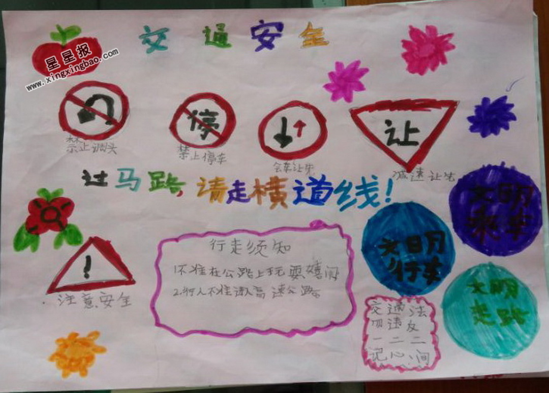 交通安全手抄报内容: 学校里,老师老是告诉我们,要注意交通安全,要注意交通安全。放假时,老是有再一次叮嘱我们一定要注意交通安全。我却想:我们是学生,又不是司机,只要司机们遵守交通规则,还会有什么交通事故呢?有什么必要注意交通安全。 寒假里,我们一家人去桐乡的叔叔家玩。吃过晚饭,天色也渐渐暗了下来。妈妈提议,平常工作忙,难得出来玩一次。去看看桐乡的夜景吧!我拉着怕冷的爸爸往街上走去。快过年了,尽管天气很冷,可街上还是人来人往的,好不热闹。 来到了一个十字路口,对面的绿灯一闪一闪的。马上就是黄灯了。
